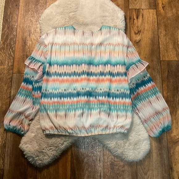 INC Women's Blouse Size Medium Long Sleeve Colorful Tie Neck Ruffle Elastic Wst - Picture 7 of 11